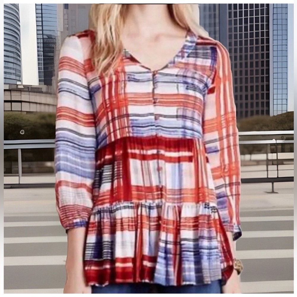 Maeve anthropologie Red and Blue Striped /plaid Blouse small rayon - Picture 6 of 9